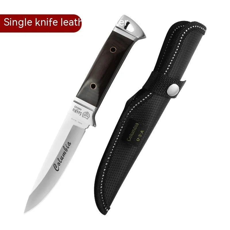 National style stainless steel camping fruit knife shown with its leather carry case.