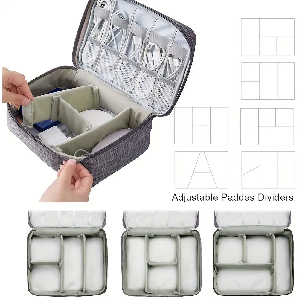 Black or grey waterproof travel cable organiser bag open to show mesh pockets and removable padded dividers.