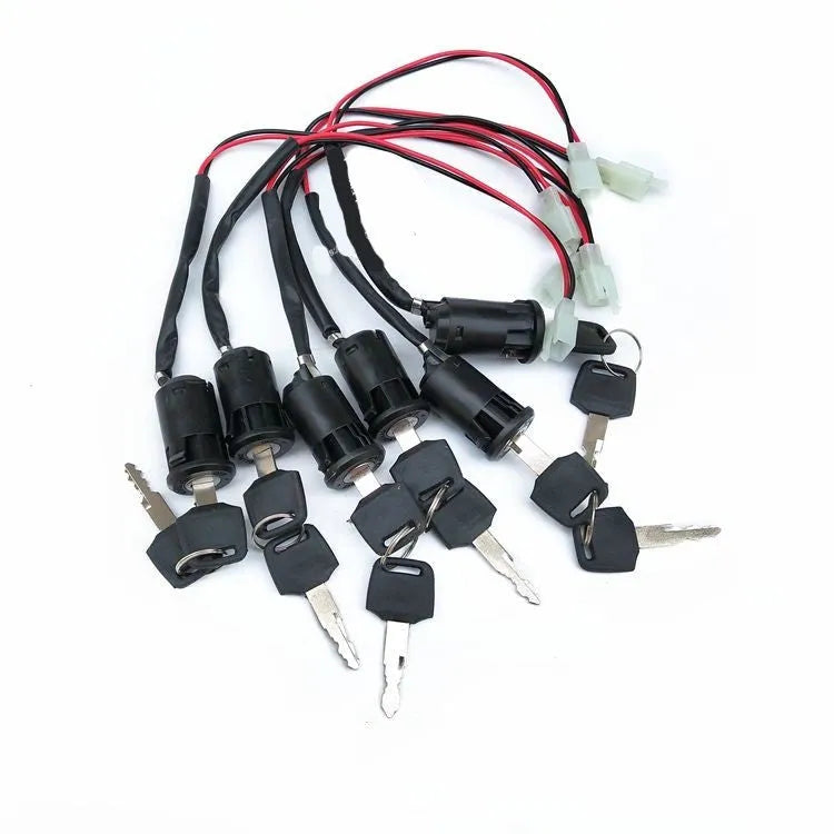 Waterproof electric door lock for car with plastic housing and wiring connectors visible