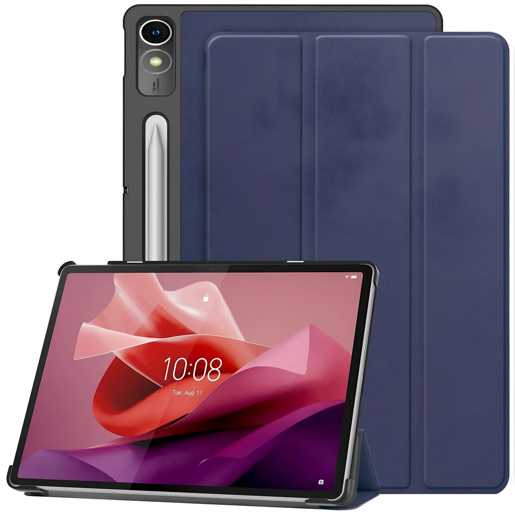 LenovoTab P12 tablet case showing magnetic bracket and multiple colour pattern options