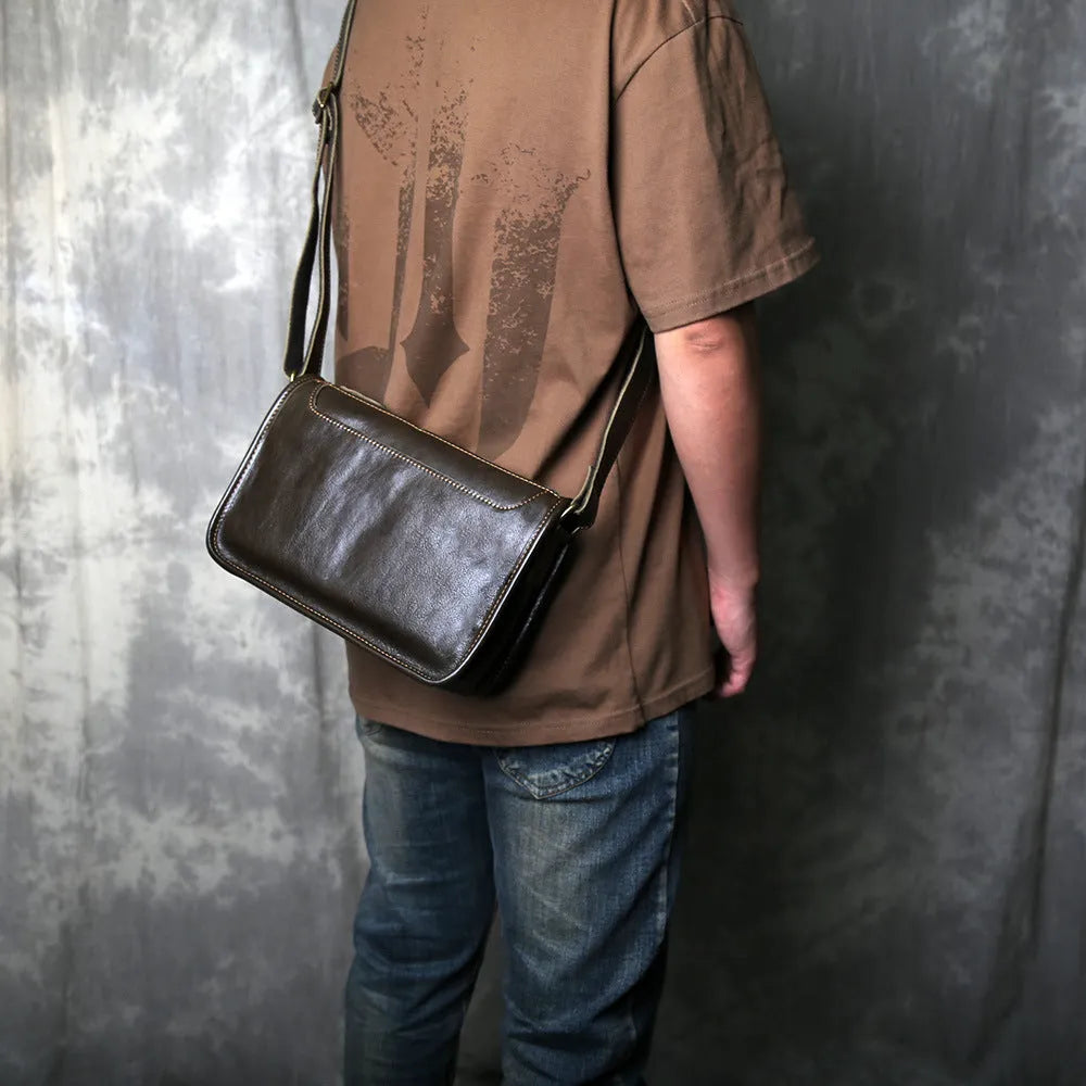 Men's genuine leather crossbody shoulder bag handmade patchwork in olive green colour on model