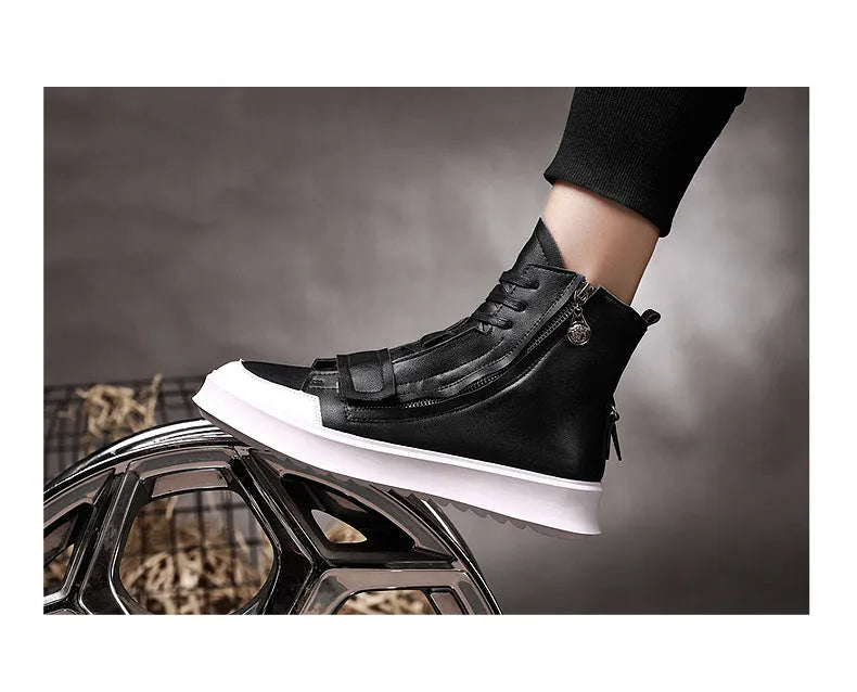 Men's black and white winter ankle boots with high-top sneaker design and PU leather microfiber upper