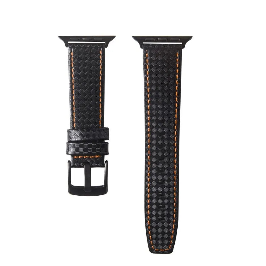 Carbon fibre pattern leather iPhone watch strap and matching hard shell case in four colour options