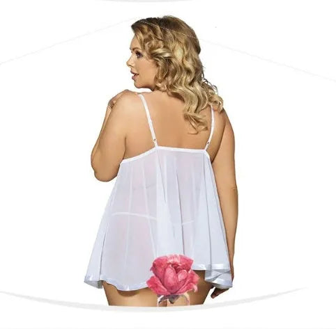 Plus-size black lace and mesh sling dress lingerie for sleepwear, shown on a hanger.