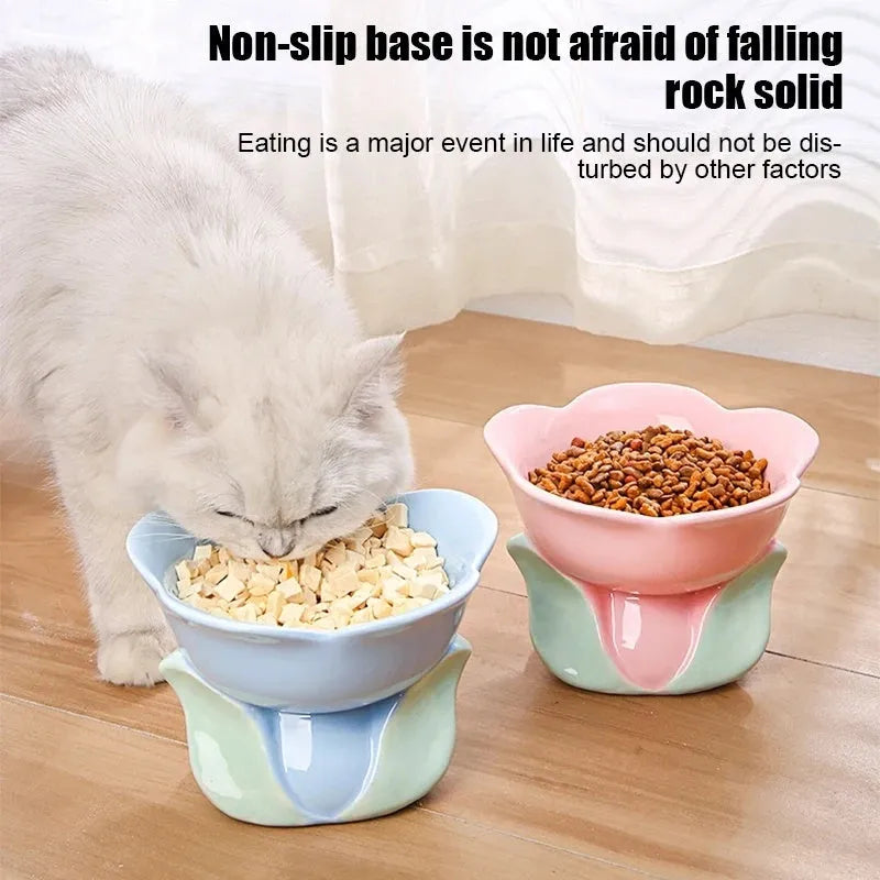 Blue ceramic elevated pet feeding bowl with floral pattern and non-slip base