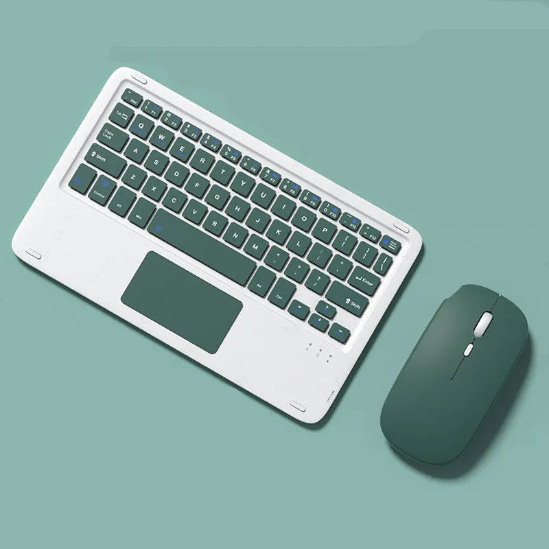 Pink wireless Bluetooth keyboard with matching rechargeable mouse on desk