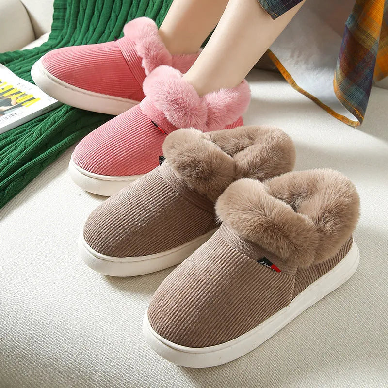 Winter plush corduroy house slippers for men and women with warm fleece lining in coffee colour