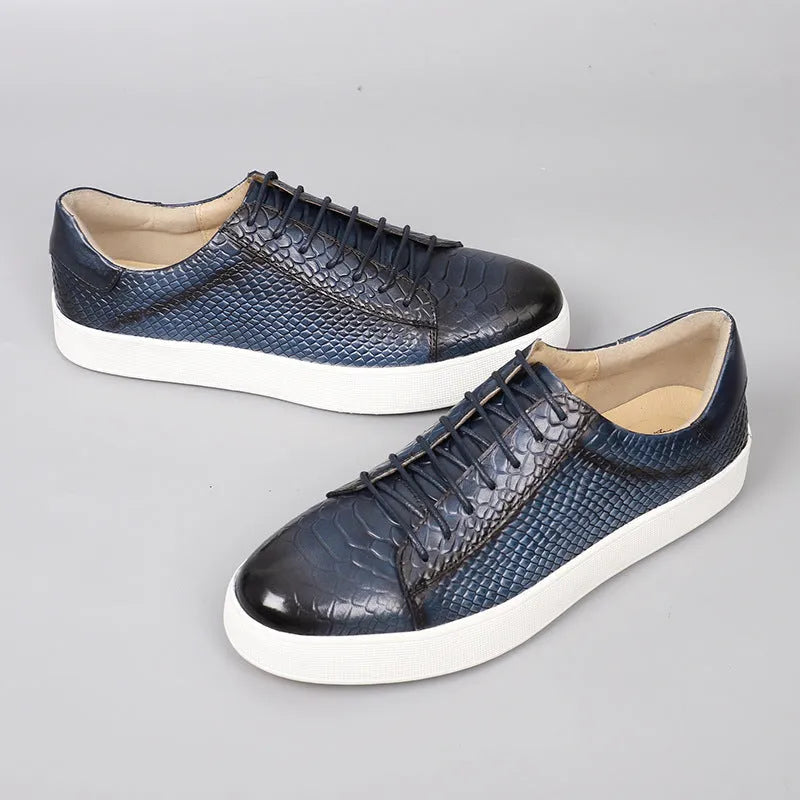 Lace-up embossed flat casual leather shoes for men in caramel colour, first layer cowhide, rubber sole, round toe, low heel