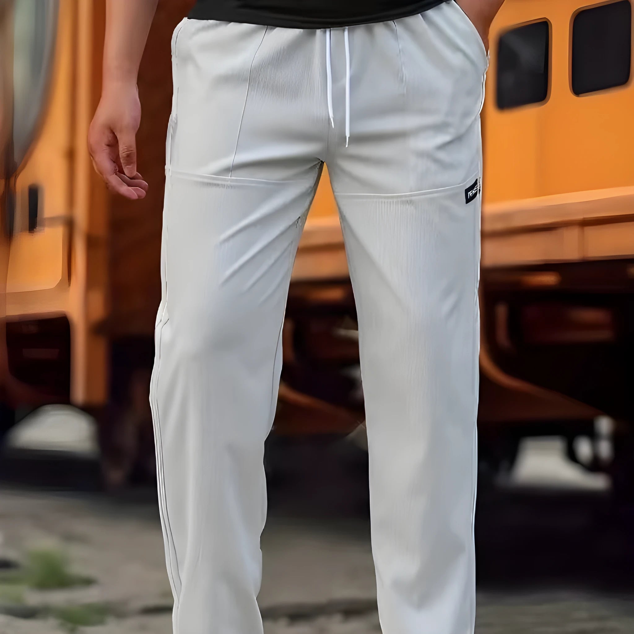 Men's polyester trousers for spring and autumn in light grey colour on a size chart