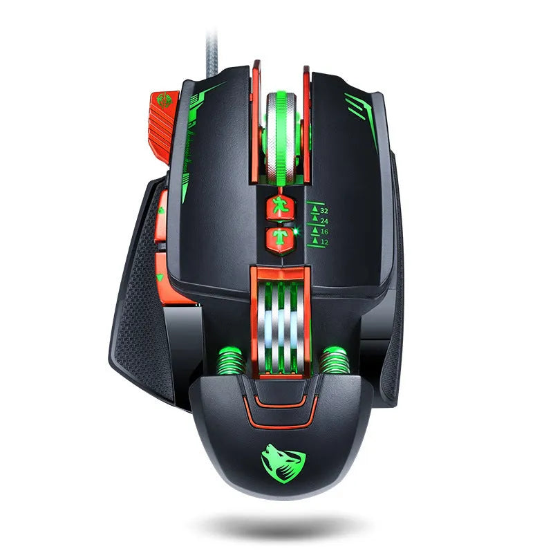 Thunder Wolf V9 black and grey wired gaming mouse with ergonomic shape and six buttons on a desk.