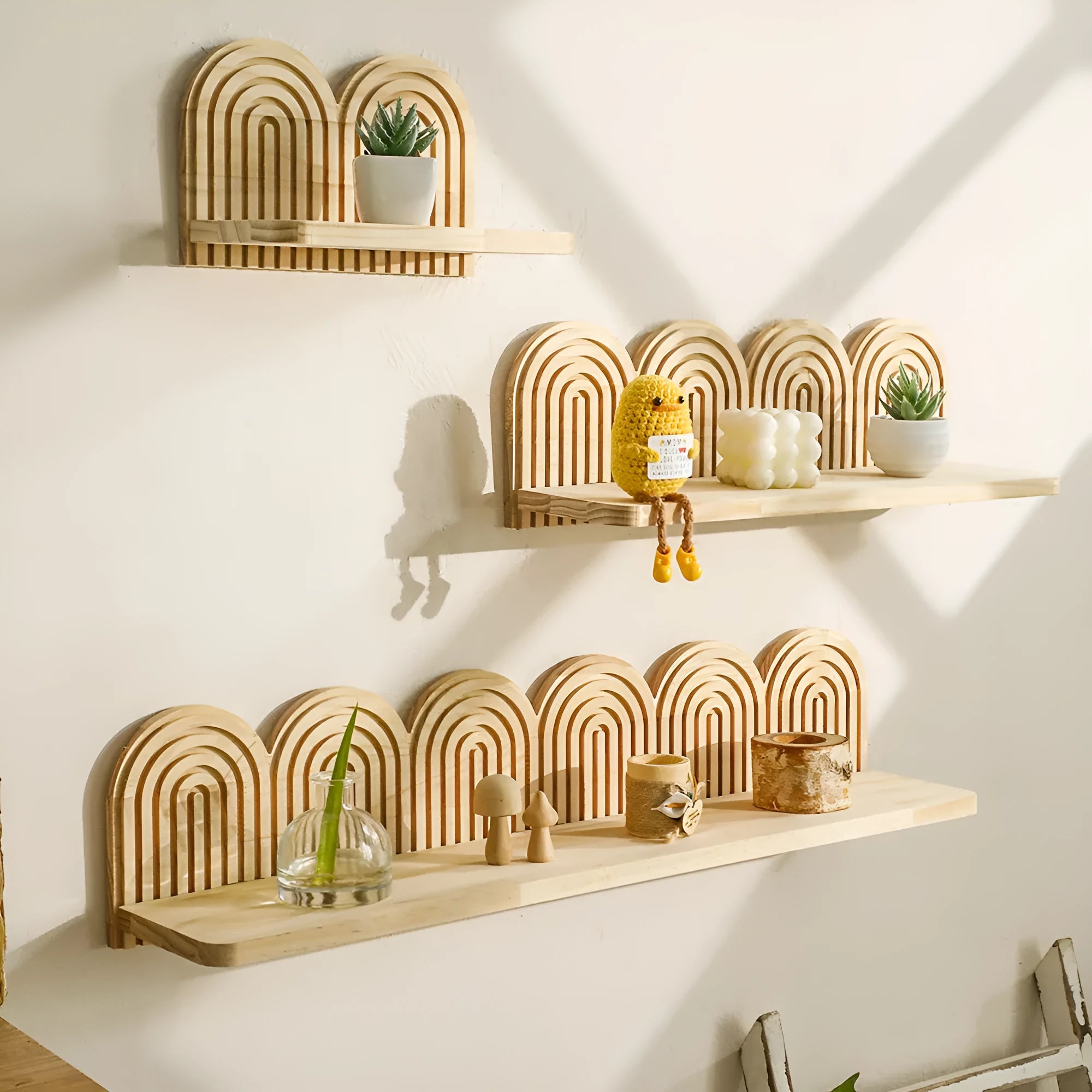 Solid wood multi-layer wall storage rack displaying flower pots in hanging pendant design