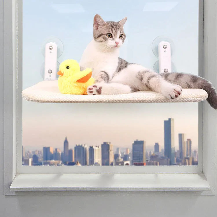 Cat hammock window seat with stainless steel suction cups mounted on glass