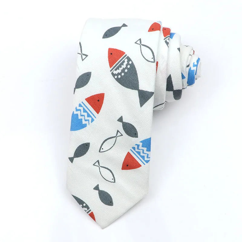 Narrow Korean-style cotton bow tie with a printed cartoon pattern.