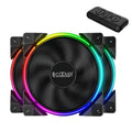 Three black 120mm RGB computer case cooling fans with fan blades and square frame.