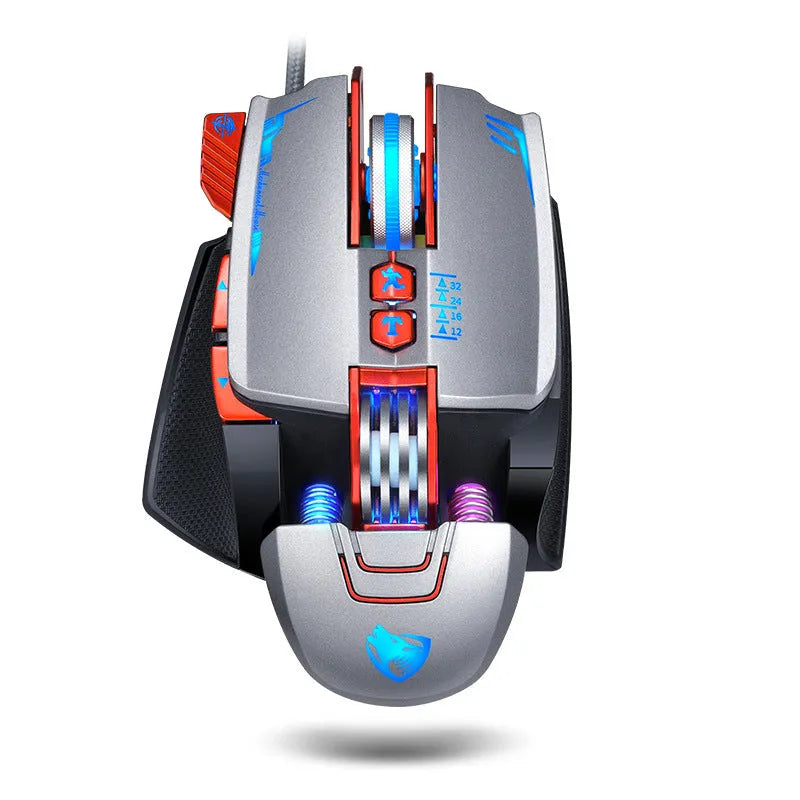 Thunder Wolf V9 black and grey wired gaming mouse with ergonomic shape and six buttons on a desk.