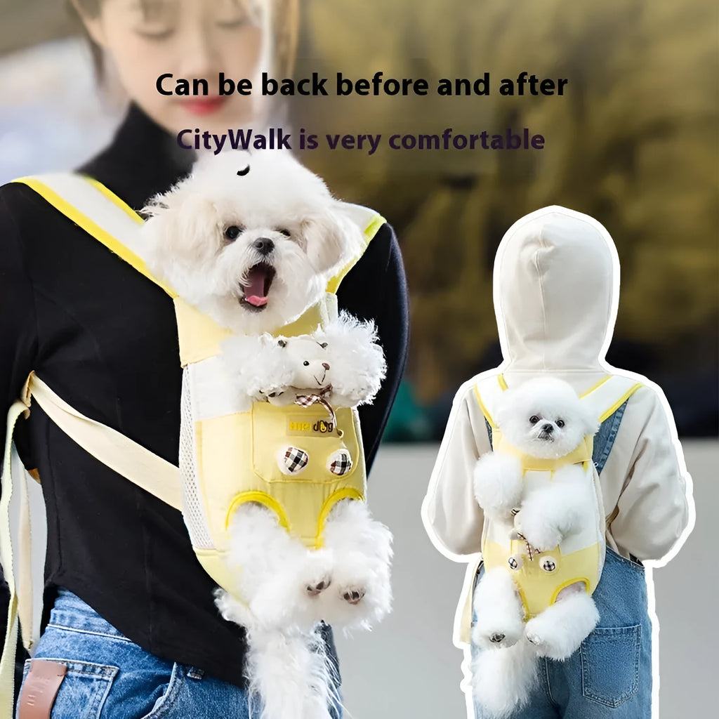 Cartoon animal pattern pet chest bag with soft canvas construction and ribbon detailing