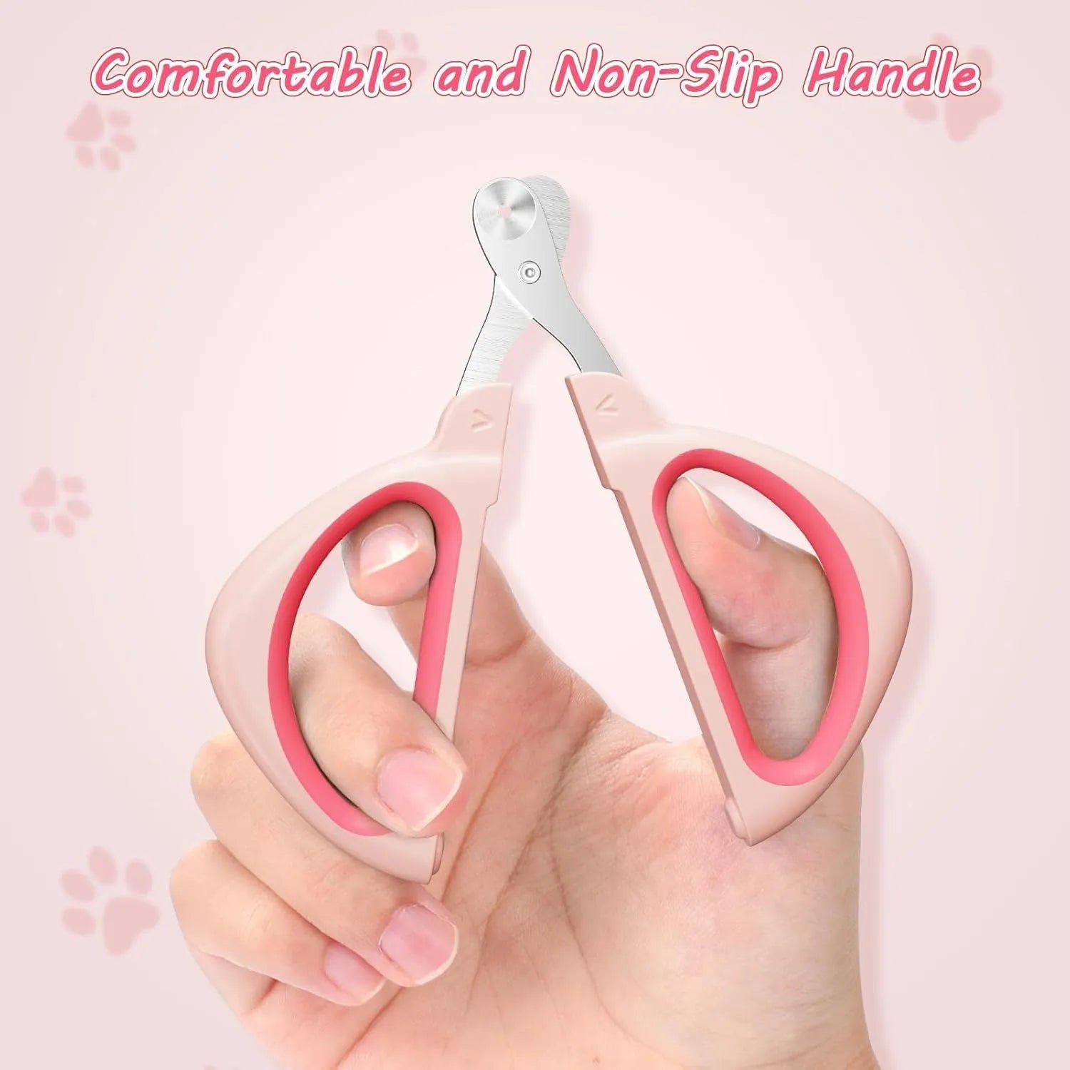 Blue pet nail clipper with a round positioning hole and non-slip handle on a white background.