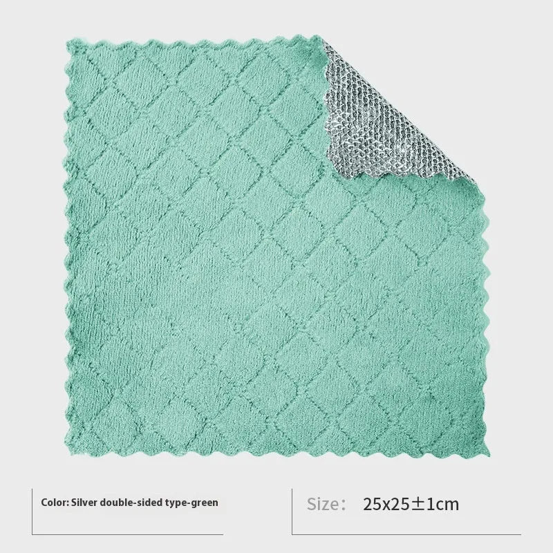 Silver double-sided kitchen scouring pad with a steel wool side and a grey microfiber rag side.