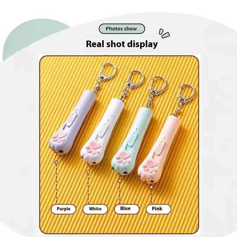 Plastic cat teaser pen light toy in cream white, pink, or sky blue colours with self-hi feature