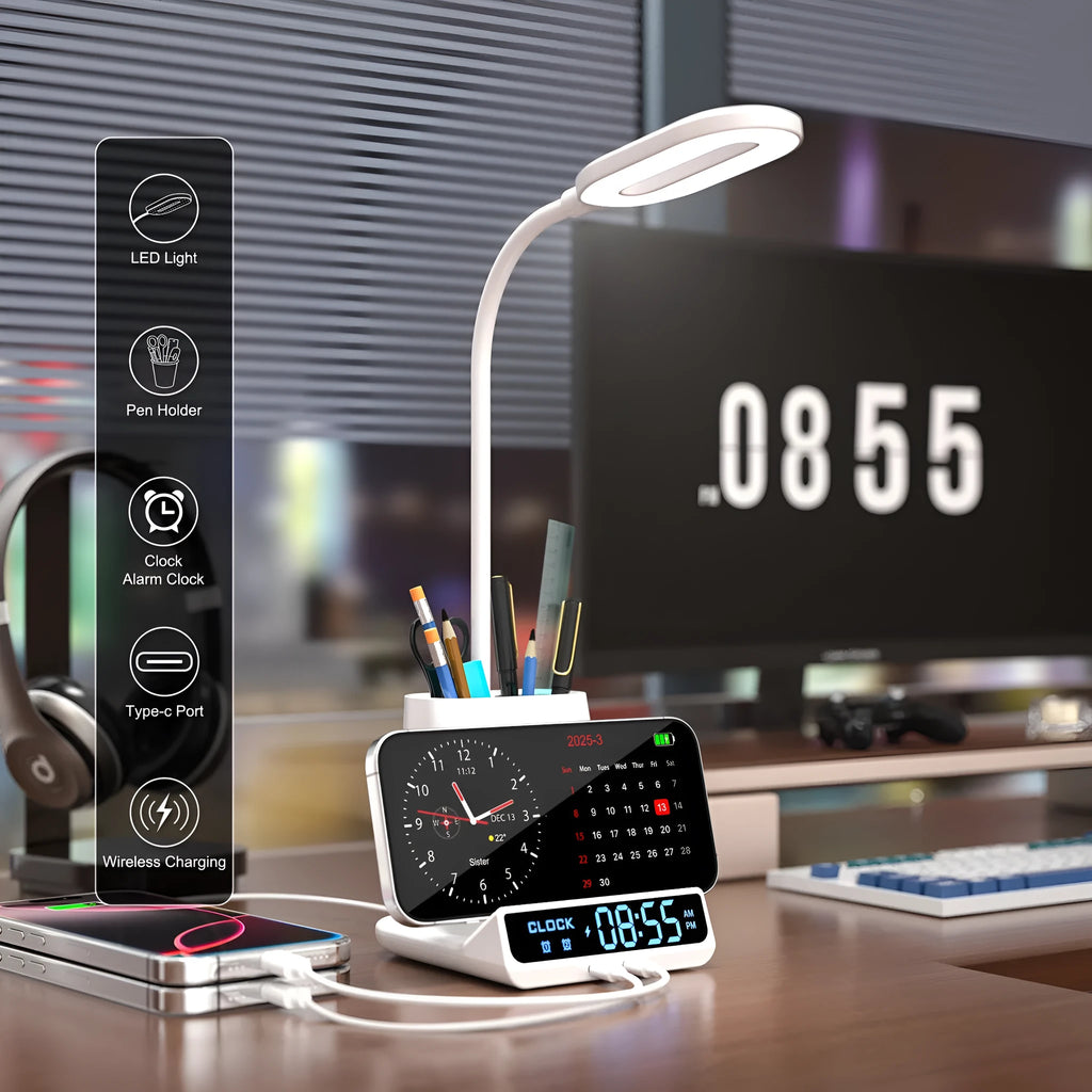 Modern black desk lamp with wireless charging pad, pen holder, and storage box on a desk.