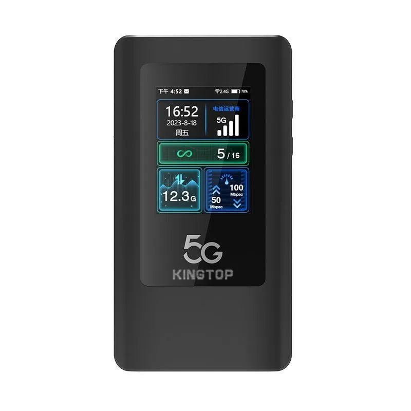 Black 5G portable Wi-Fi router showing LCD display, TYPE-C port, and compact 125x70x17mm design