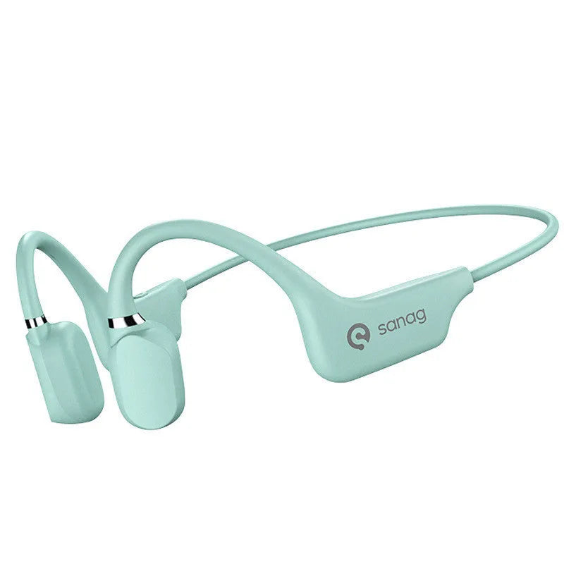 Wireless bone conduction Bluetooth sports headset in hanging neck design on a person running.