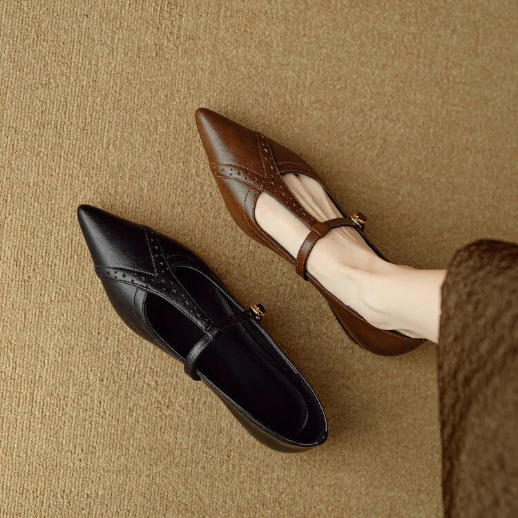 Brown women's pointed toe flat shoes with a low-cut design and a mid-height heel.