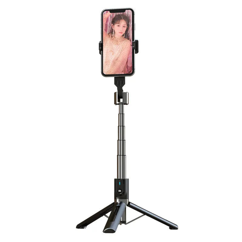 Bluetooth selfie stick with double fill light extended on desktop showing aluminium alloy arm and stand base