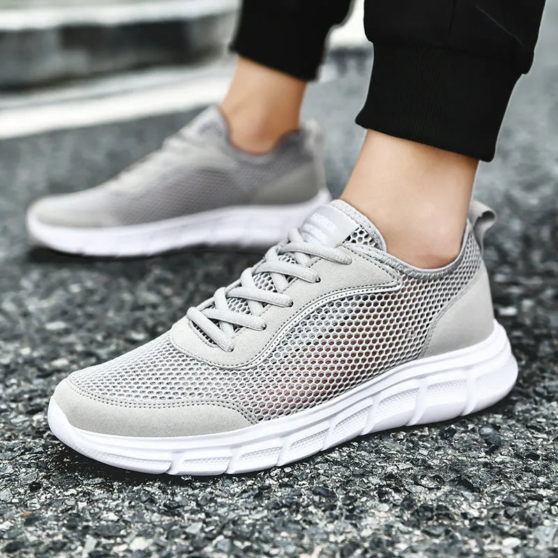 Men's breathable mesh lace-up summer sports shoes in black, blue, and grey, sizes 37-48