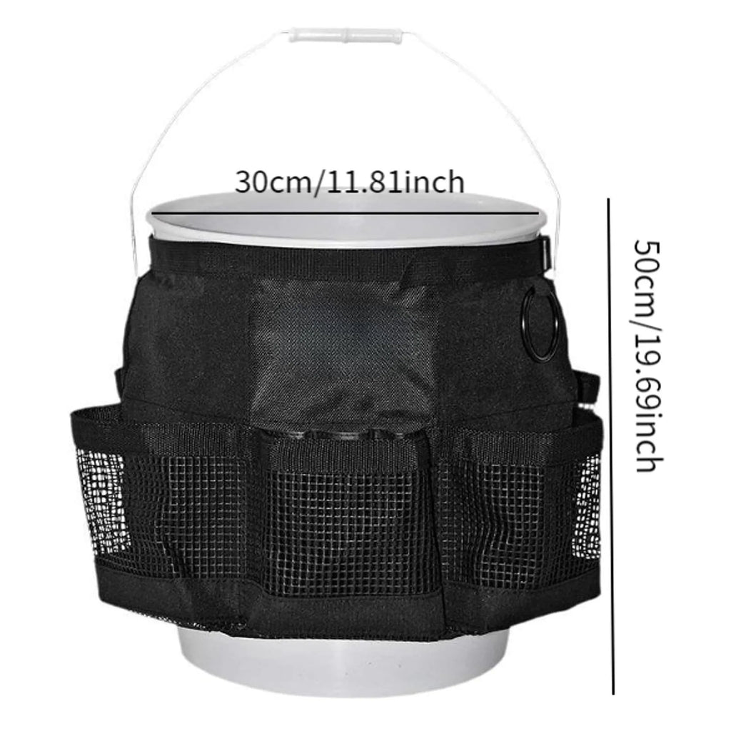 Black polyester hanging storage bag designed for a 5-gallon barrel, showing cylindrical shape.