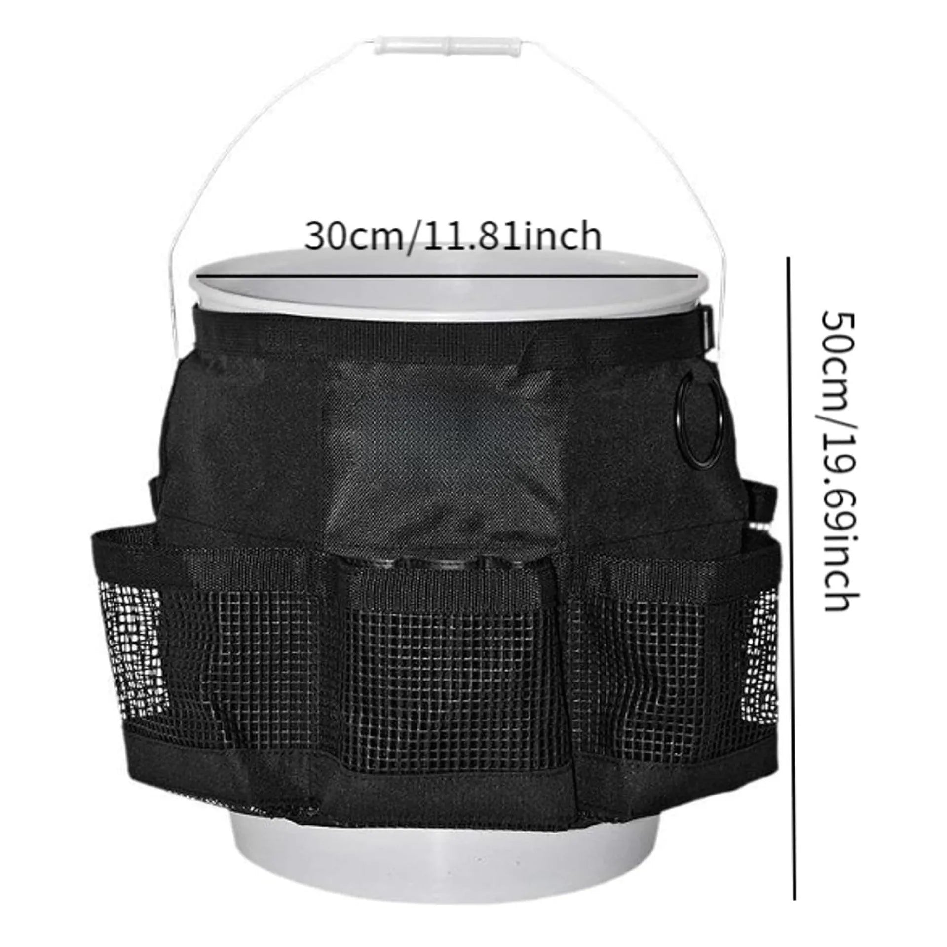 Black polyester hanging storage bag designed for a 5-gallon barrel, showing cylindrical shape.