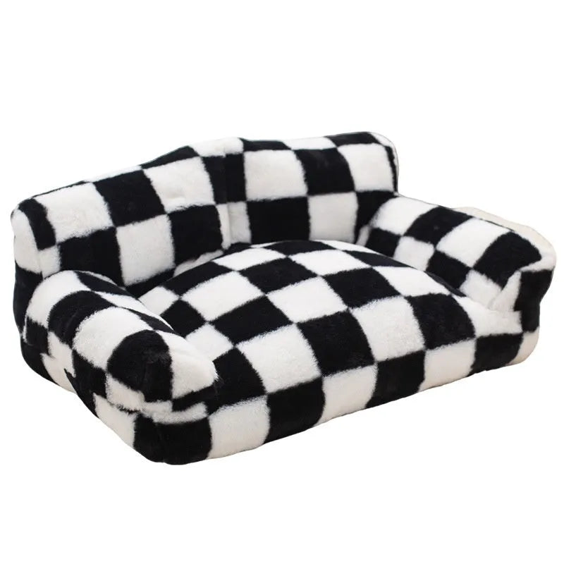 Black and white plaid cloth plush cat nest kennel for small pets