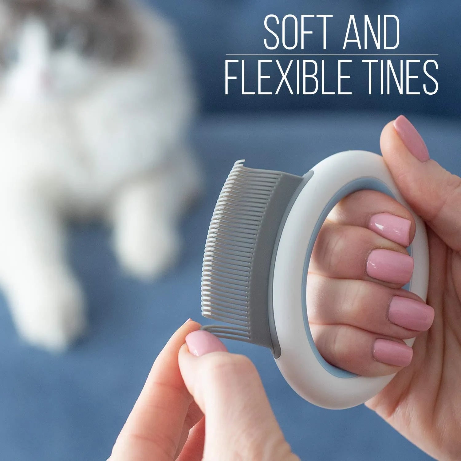 Blue pet grooming comb for deshedding and dematting cats and dogs with soft teeth