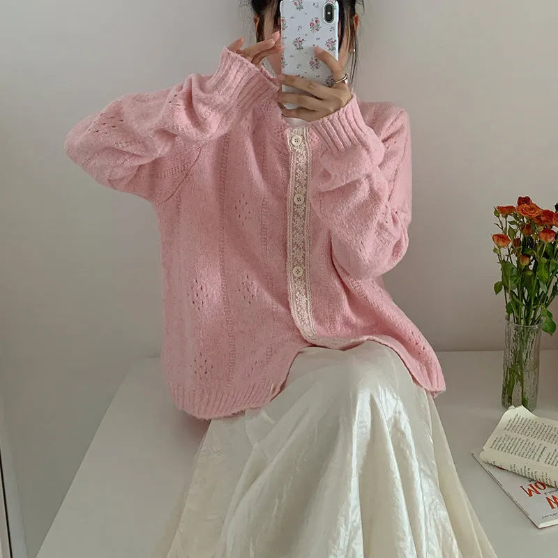 Korean artistic retro style sweater coat in loose fit cardigan design, shown in apricot colour