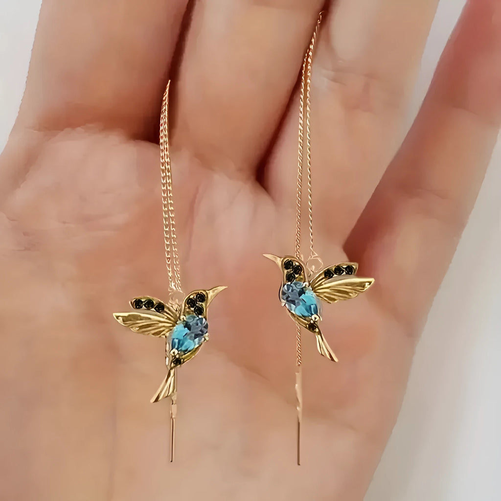 Long drop bird design alloy earrings with mixed zirconium wings in red, blue, or red lvzuan.