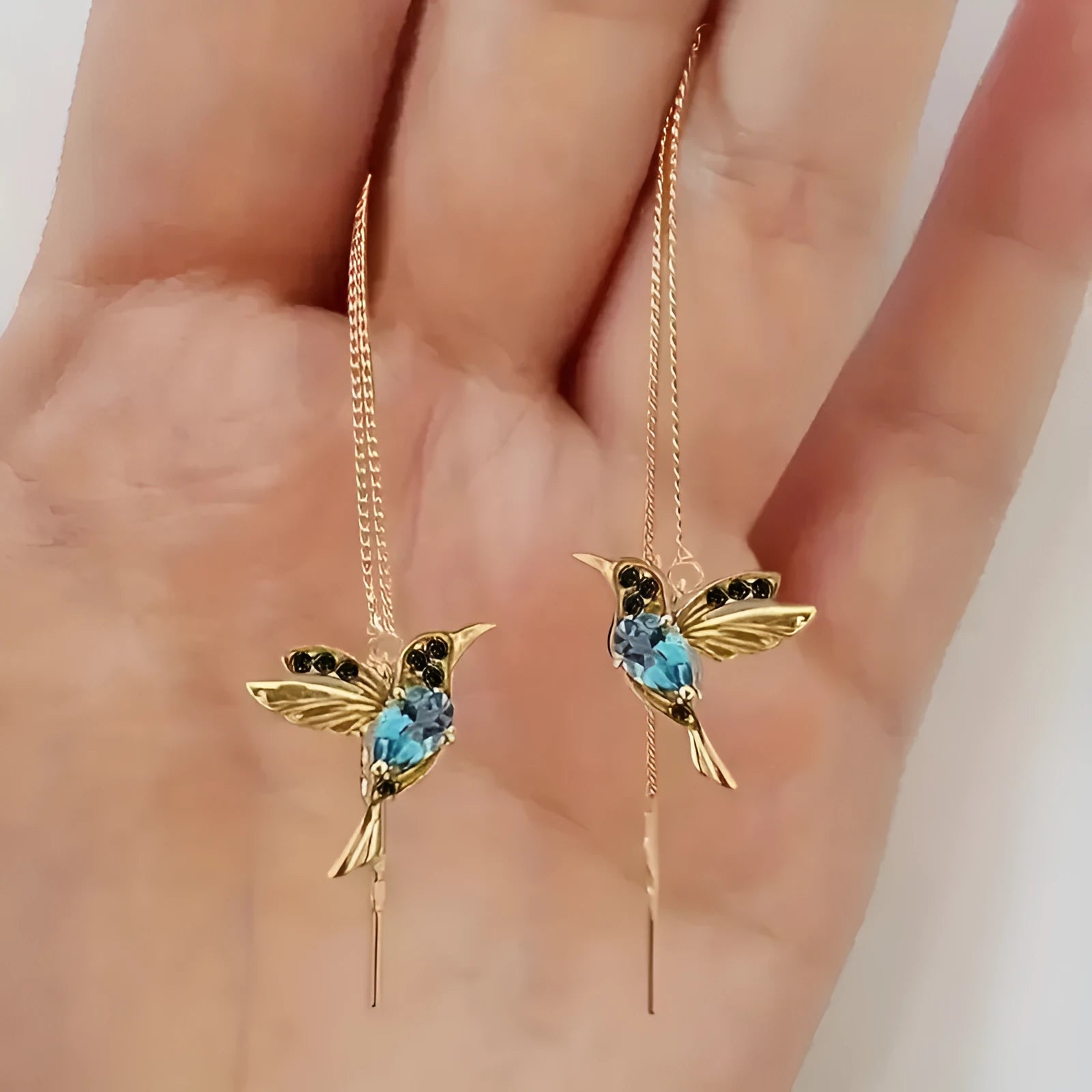 Long drop bird design alloy earrings with mixed zirconium wings in red, blue, or red lvzuan.