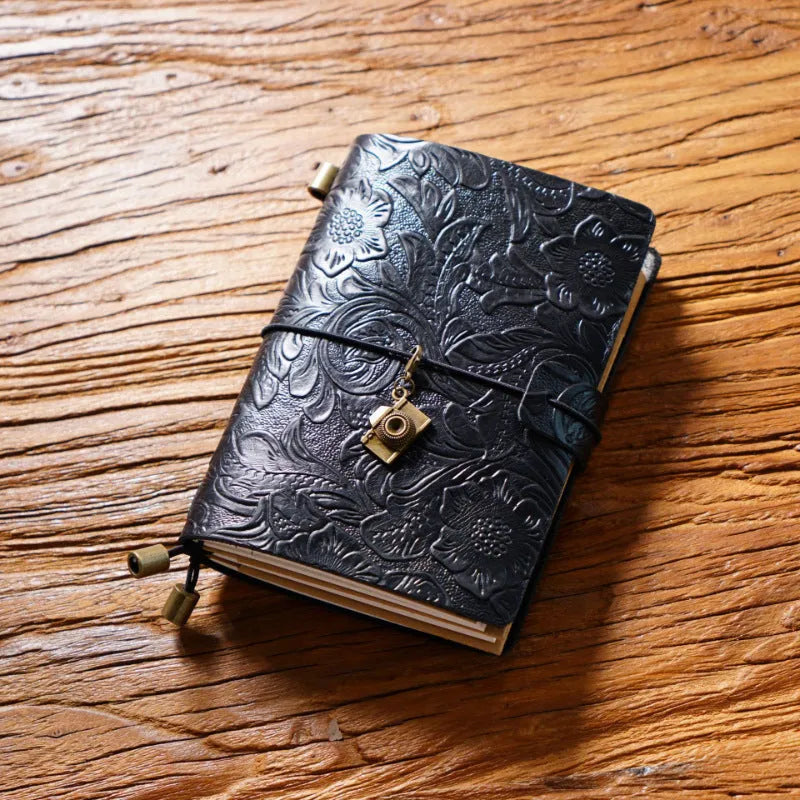 Creative vintage engraving cowhide travel notepad in black A5 size with genuine leather cover