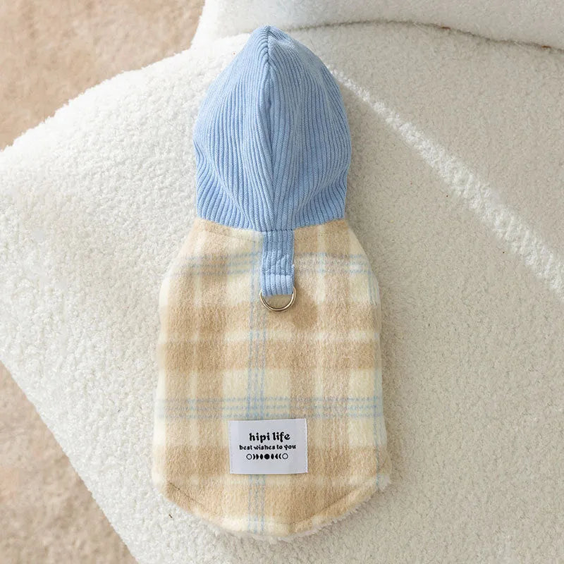 Blue corduroy dog hooded vest with chessboard grid pattern and adjustable drawstring