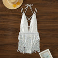 White deep V-neck one-piece swimsuit with tassel detailing, briefs style cut for swimming