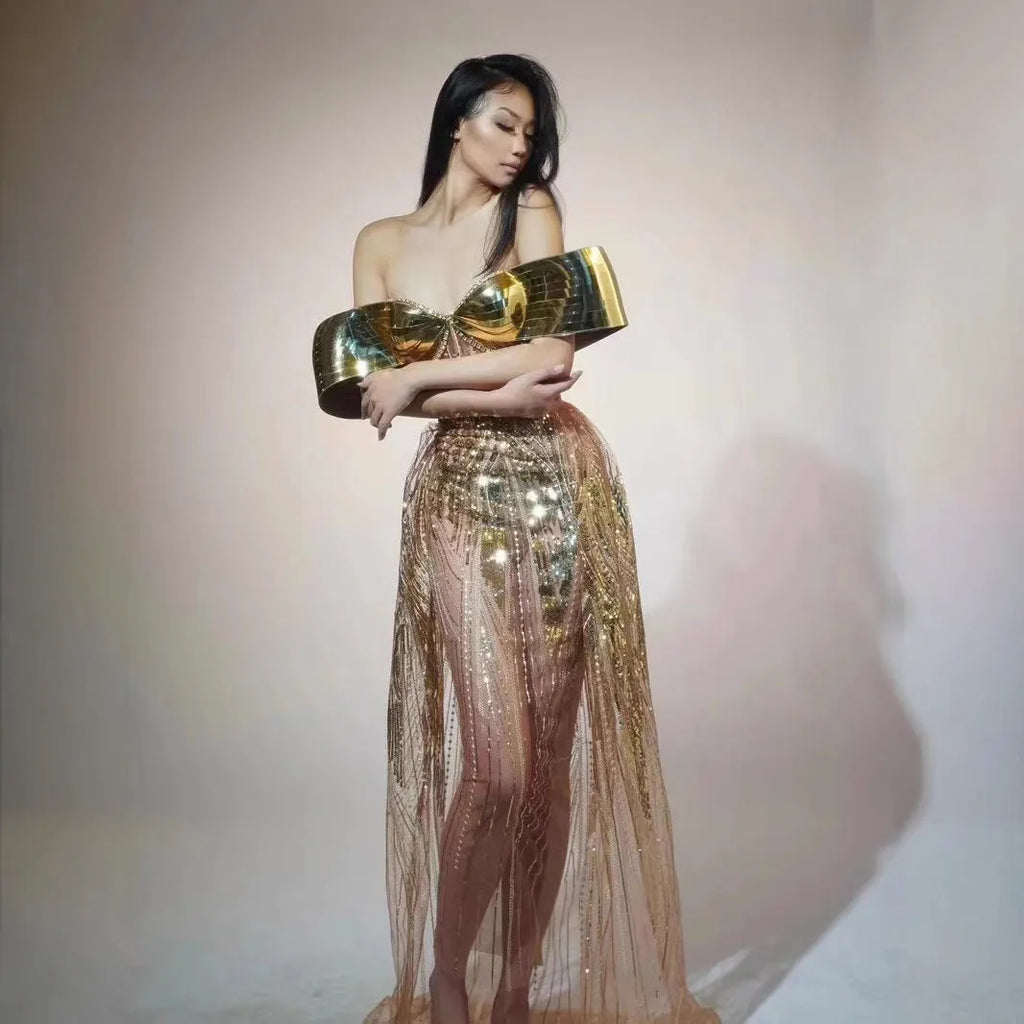 Gold strapless sequined split dress with long skirt and tube top design