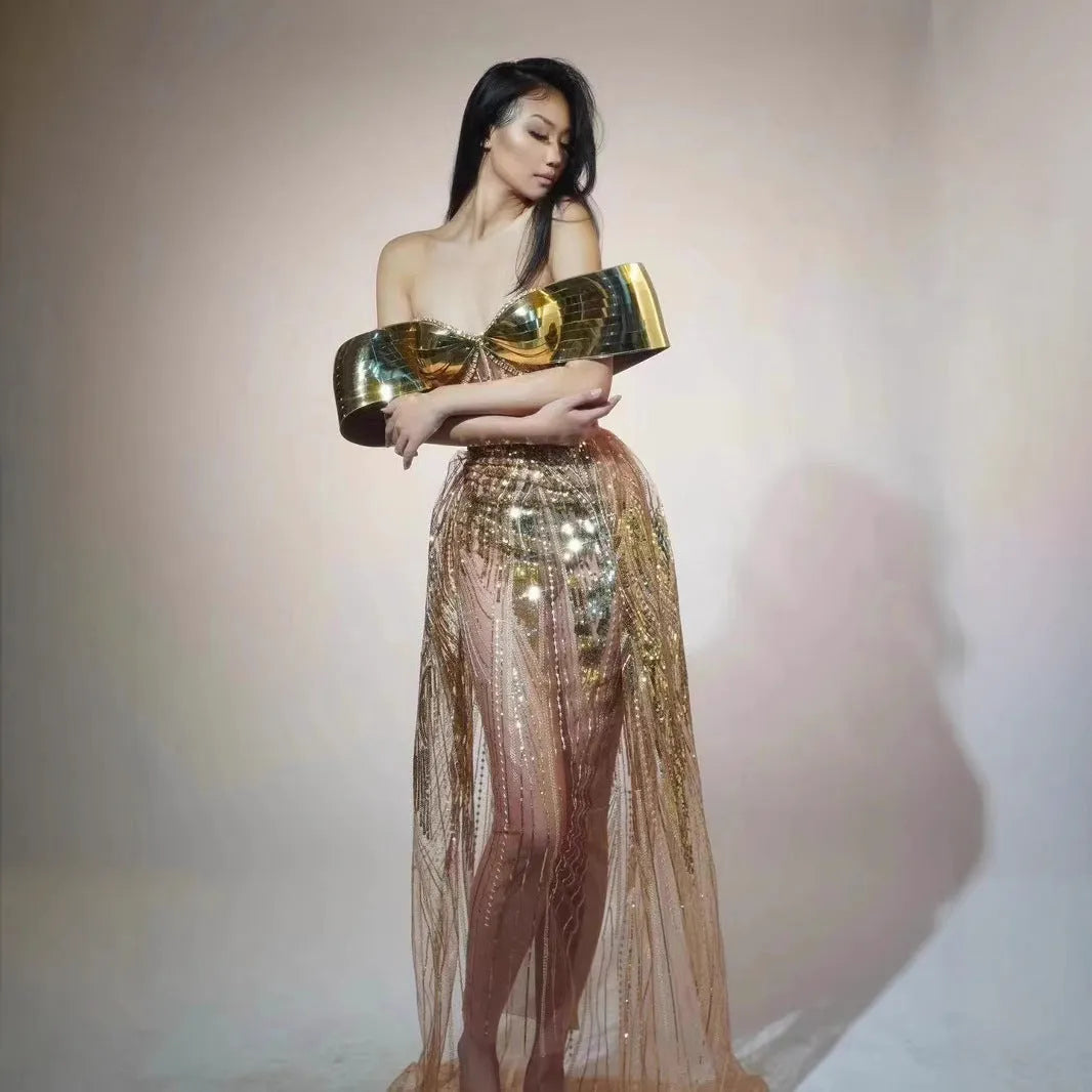 Gold strapless sequined split dress with long skirt and tube top design