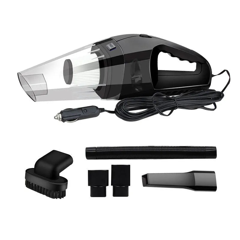 Orange handheld car vacuum cleaner with nozzle attached, next to its 12V cigarette lighter plug and additional accessories.