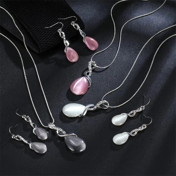 Fashion opal and cubic zirconia jewellery set with water drop pendant necklace and matching drop earrings