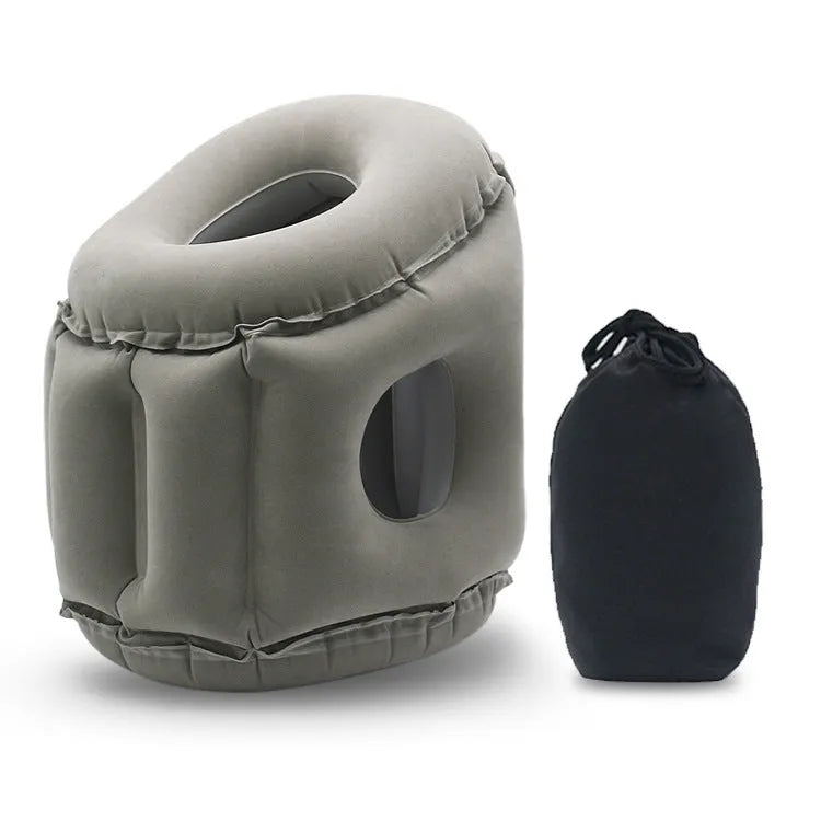 Grey inflatable travel pillow with flocking surface, M size 26cm x 31cm x 51cm, shown inflated with storage bag
