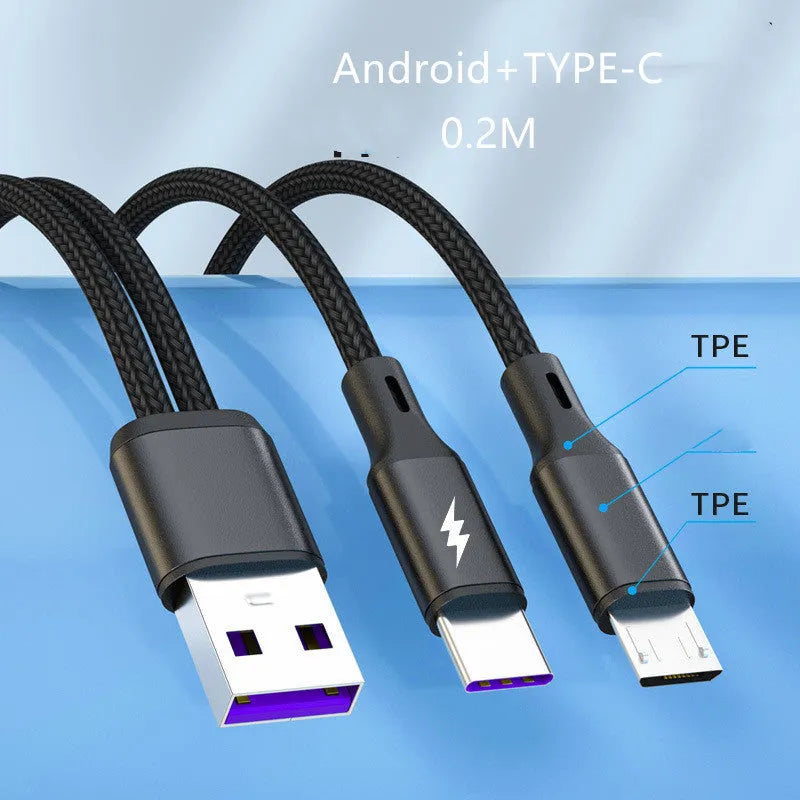 Black braided charging cable with two Android connectors for simultaneous device charging