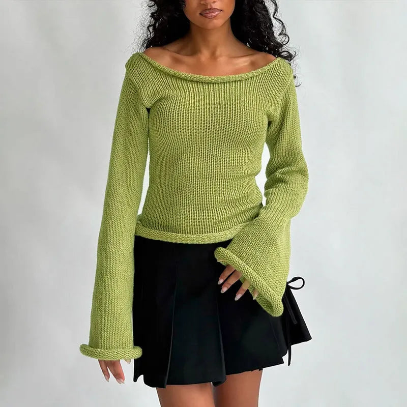 New solid colour slim-fit bell sleeve t-shirt with boat neck in brown