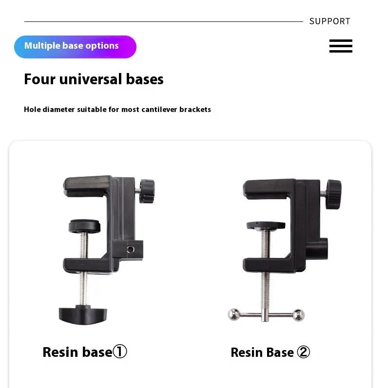 Black foldable metal desktop cantilever bracket holding a tablet, showing adjustable arms and clamping mechanism.