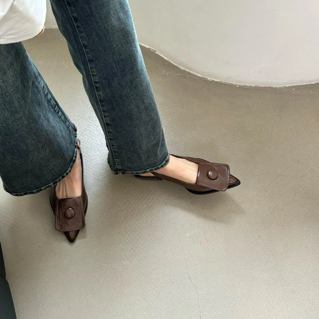 Women's low heel pointed toe sandals with back strap in apricot, black, brown, and silver colours