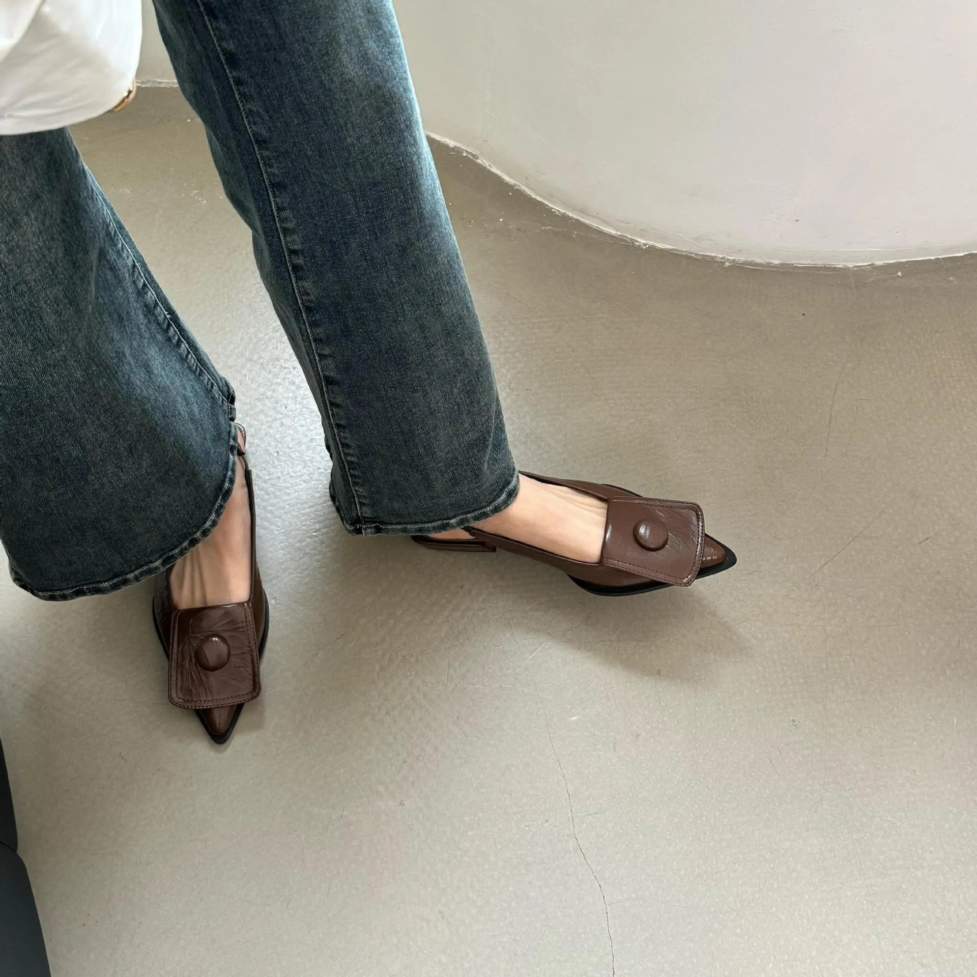 Women's low heel pointed toe sandals with back strap in apricot, black, brown, and silver colours