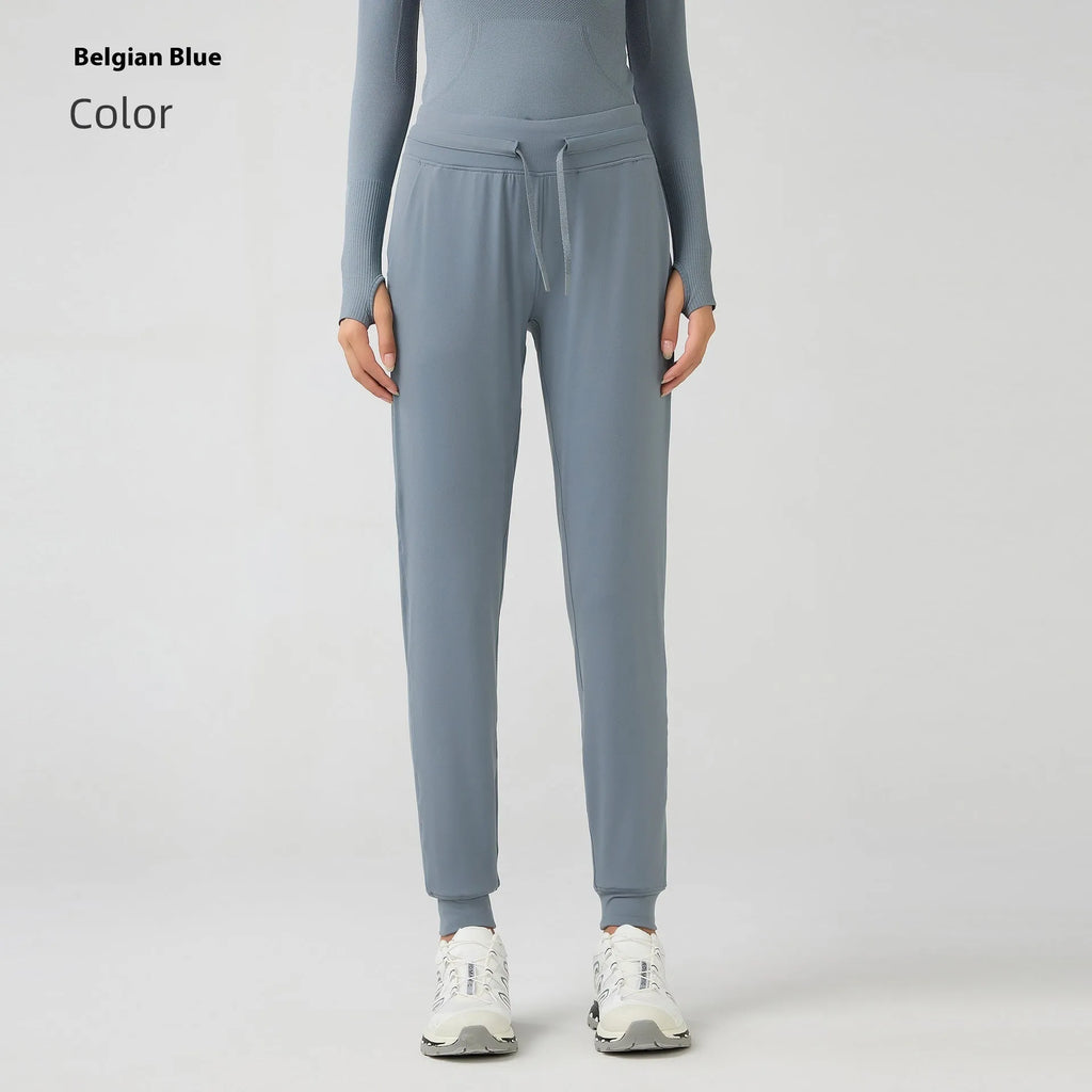 Women's high waist yoga pants with drawstring in Belgian Blue colour
